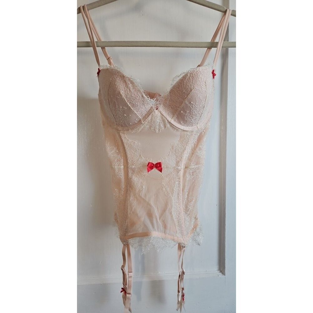 Victorias‎ Secret Sexy Garter Slip Shimmer Lace Red Blush 34C Lingerie Honeymoon